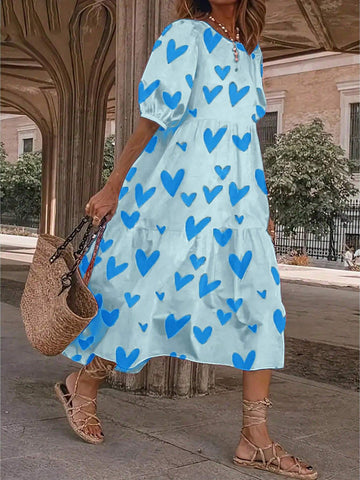 Loose Fit Doll Pattern Printed Dress With Heart Shape, Girls' Size