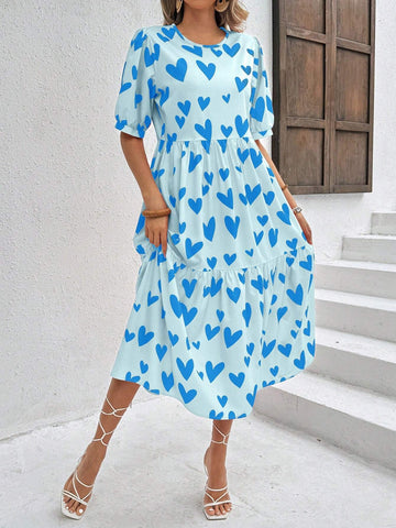 Loose Fit Doll Pattern Printed Dress With Heart Shape, Girls' Size