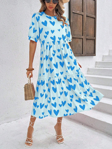 Loose Fit Doll Pattern Printed Dress With Heart Shape, Girls' Size