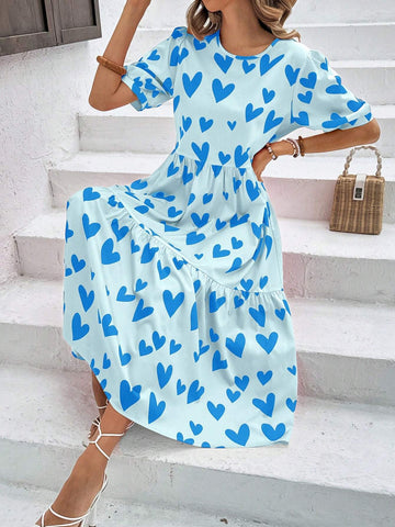Loose Fit Doll Pattern Printed Dress With Heart Shape, Girls' Size
