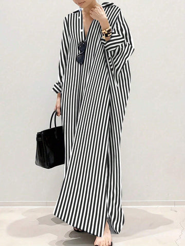 Loose Wide Shoulder Stripe Patterned Dress