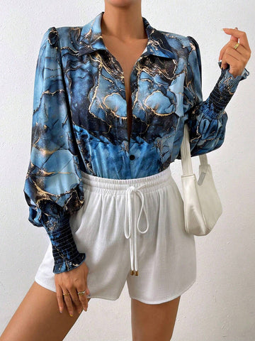 Essnce Marble Print Lantern Sleeve Shirt