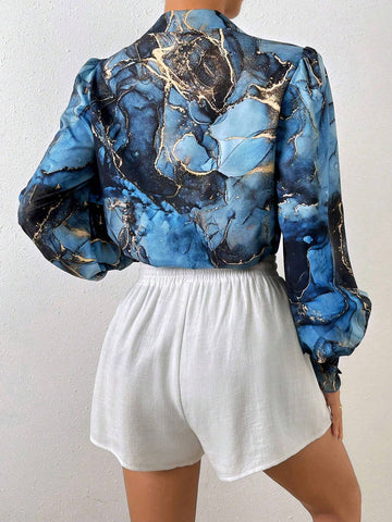 Essnce Marble Print Lantern Sleeve Shirt