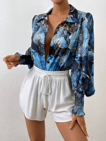 Essnce Marble Print Lantern Sleeve Shirt
