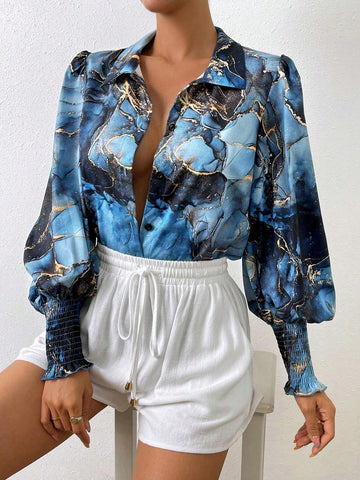 Essnce Marble Print Lantern Sleeve Shirt