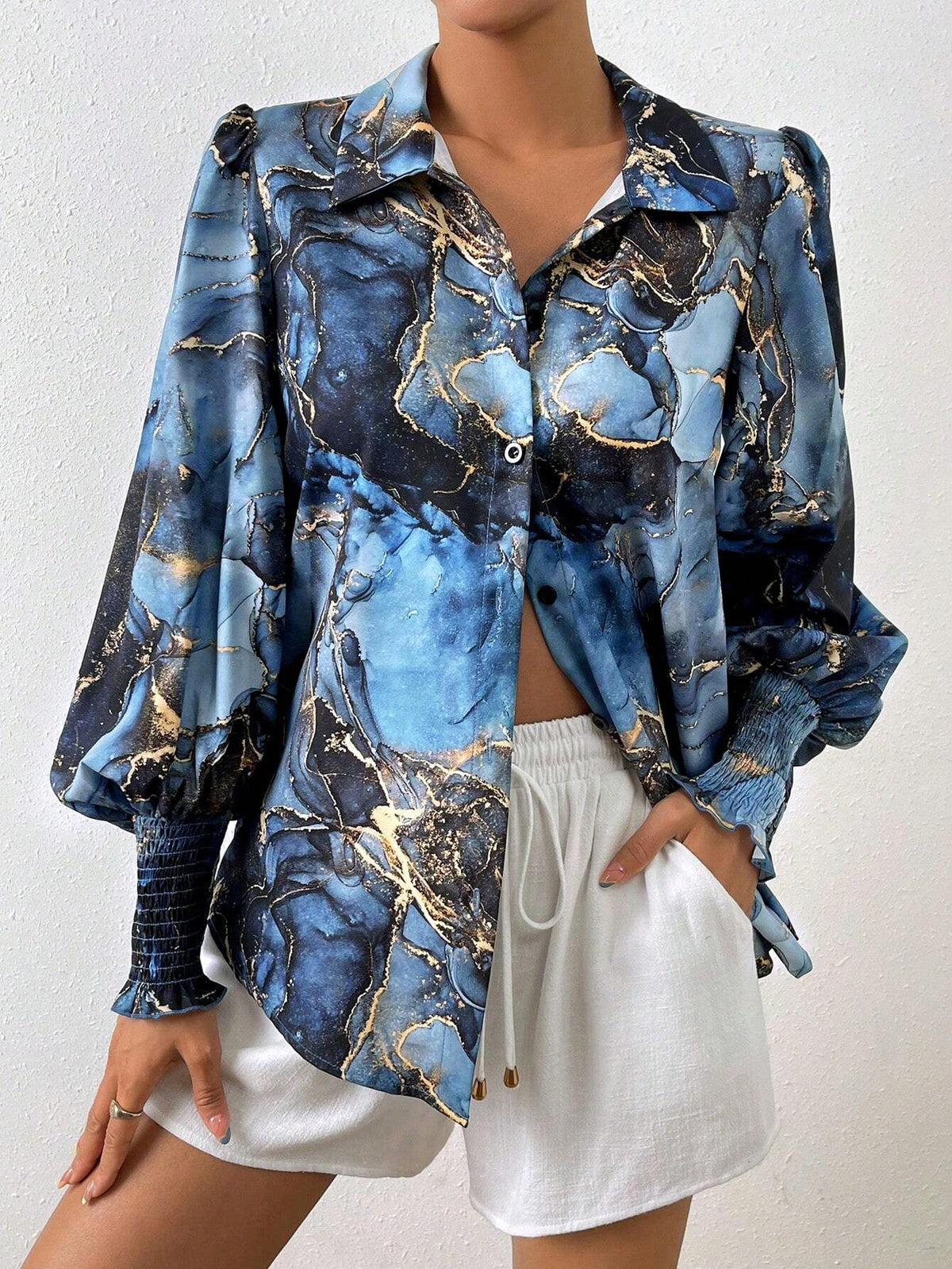 Essnce Marble Print Lantern Sleeve Shirt