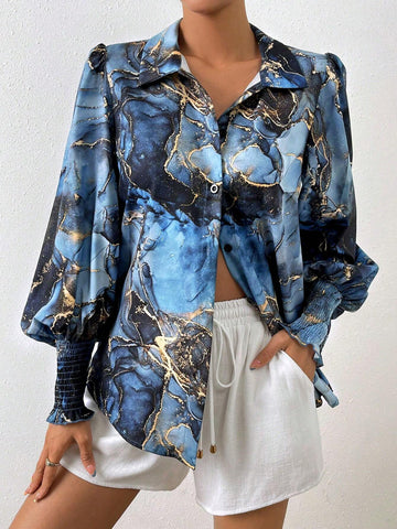Essnce Marble Print Lantern Sleeve Shirt