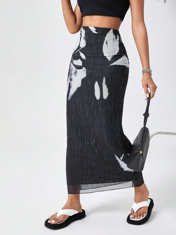 Essnce Mesh Print Long Skirt