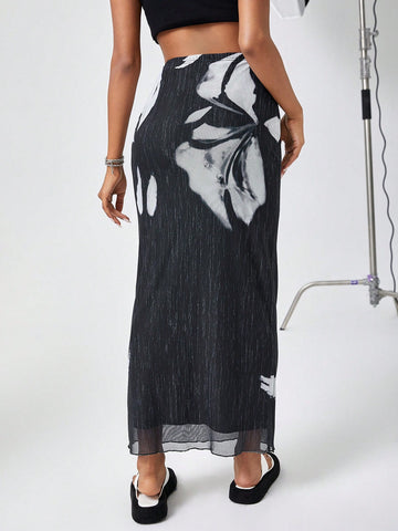 Essnce Mesh Print Long Skirt