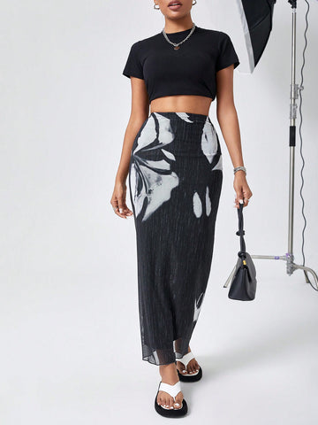 Essnce Mesh Print Long Skirt