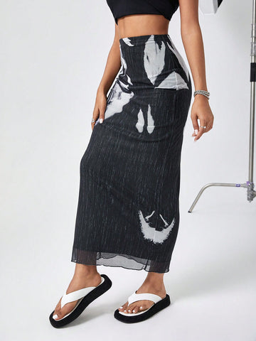 Essnce Mesh Print Long Skirt