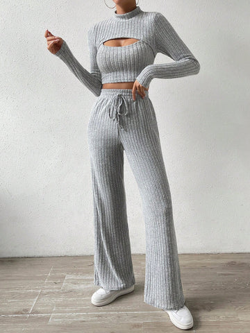 Mock Neck Cut Out Crop Tee & Tie Waist Pants