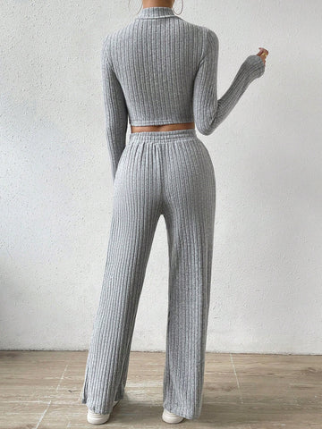 Mock Neck Cut Out Crop Tee & Tie Waist Pants