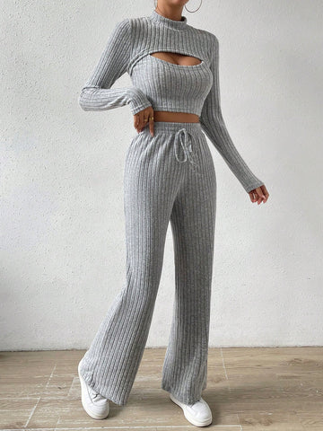 Mock Neck Cut Out Crop Tee & Tie Waist Pants