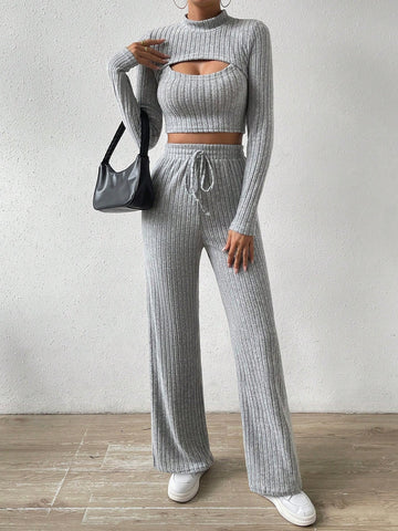 Mock Neck Cut Out Crop Tee & Tie Waist Pants