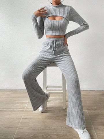 Mock Neck Cut Out Crop Tee & Tie Waist Pants