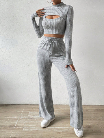 Mock Neck Cut Out Crop Tee & Tie Waist Pants