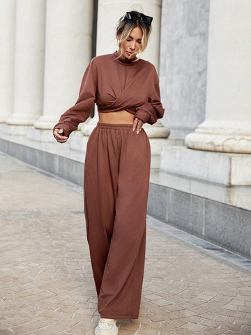 Mock Neck Drop Shoulder Crop Sweatshirt & Wide Leg Pants
