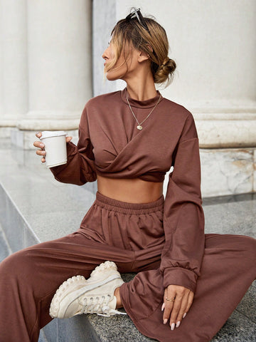 Mock Neck Drop Shoulder Crop Sweatshirt & Wide Leg Pants