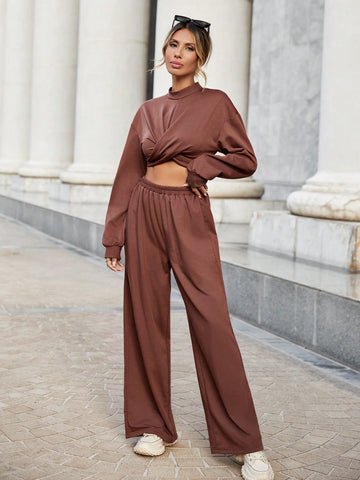 Mock Neck Drop Shoulder Crop Sweatshirt & Wide Leg Pants