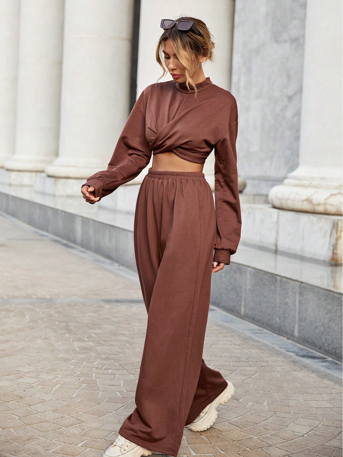 Mock Neck Drop Shoulder Crop Sweatshirt & Wide Leg Pants