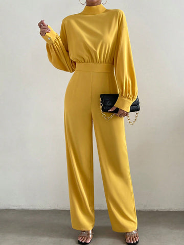 Mock Neck Lantern Sleeve Wide Leg Jumpsuit