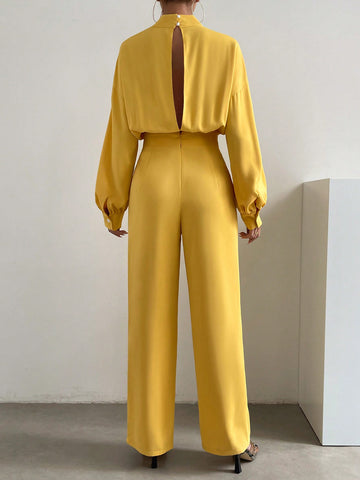 Mock Neck Lantern Sleeve Wide Leg Jumpsuit