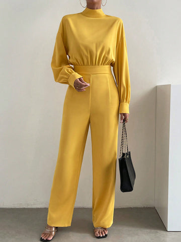Mock Neck Lantern Sleeve Wide Leg Jumpsuit