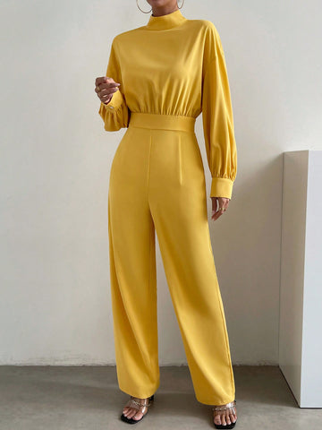 Mock Neck Lantern Sleeve Wide Leg Jumpsuit