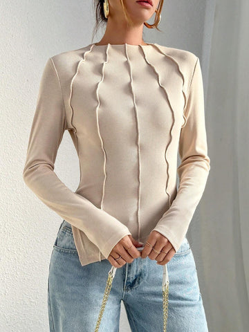 Essnce Mock Neck Seam Detail Split Hem Tee