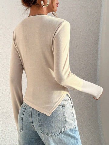 Essnce Mock Neck Seam Detail Split Hem Tee