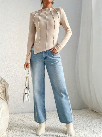 Essnce Mock Neck Seam Detail Split Hem Tee