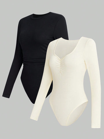Multipiece Set Of Plunging Neckline Pleated Bodysuits