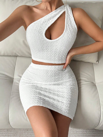 Oblique Shoulder Hollow Out Crop Top & Skirt Two Piece Set