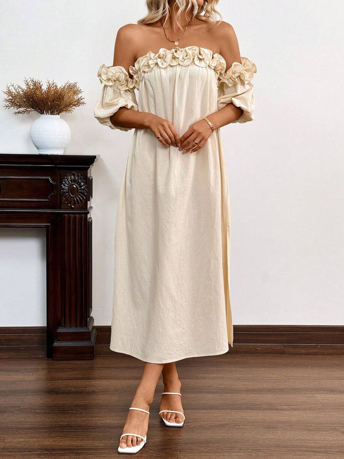 Off Shoulder Ruffle Trim Split Thigh Dress