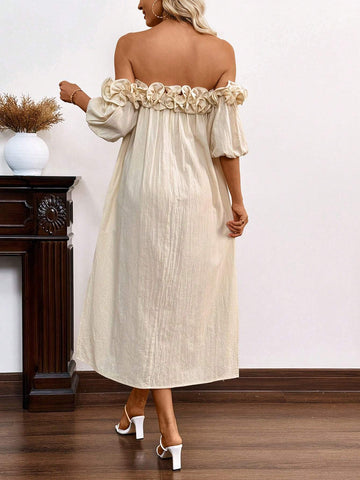 Off Shoulder Ruffle Trim Split Thigh Dress