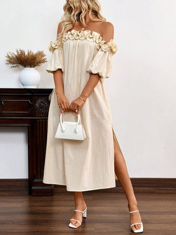 Off Shoulder Ruffle Trim Split Thigh Dress