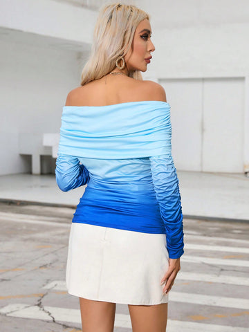 Ombre Off Shoulder Ruched Side Tee