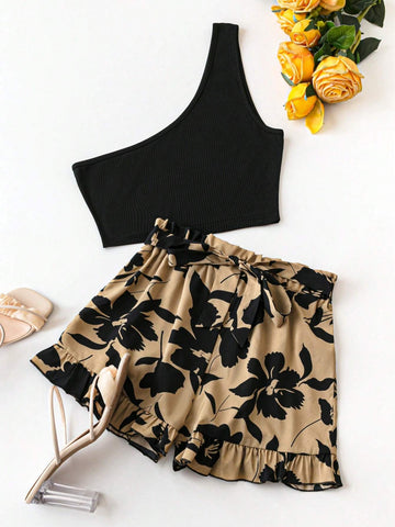 One Shoulder Top And Printed Paper Bag Waist Shorts With Belt, Summer