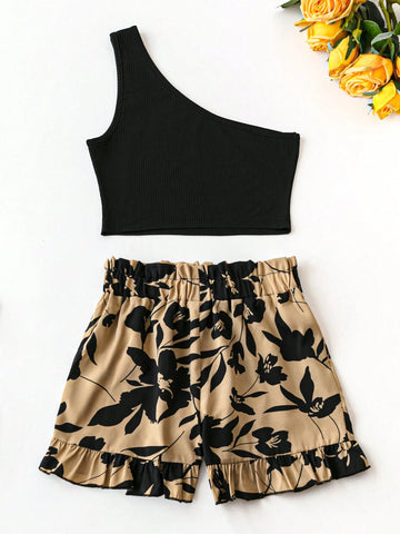 One Shoulder Top And Printed Paper Bag Waist Shorts With Belt, Summer