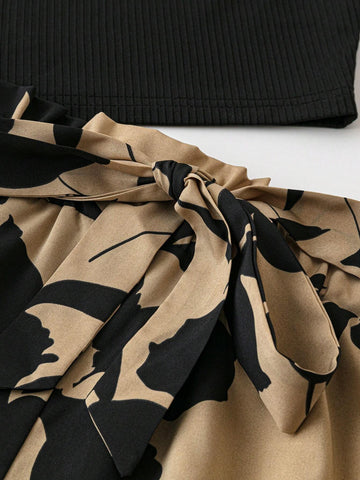 One Shoulder Top And Printed Paper Bag Waist Shorts With Belt, Summer