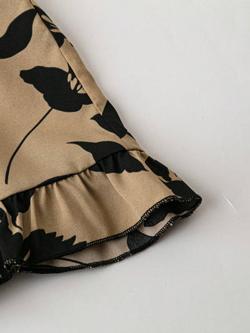 One Shoulder Top And Printed Paper Bag Waist Shorts With Belt, Summer