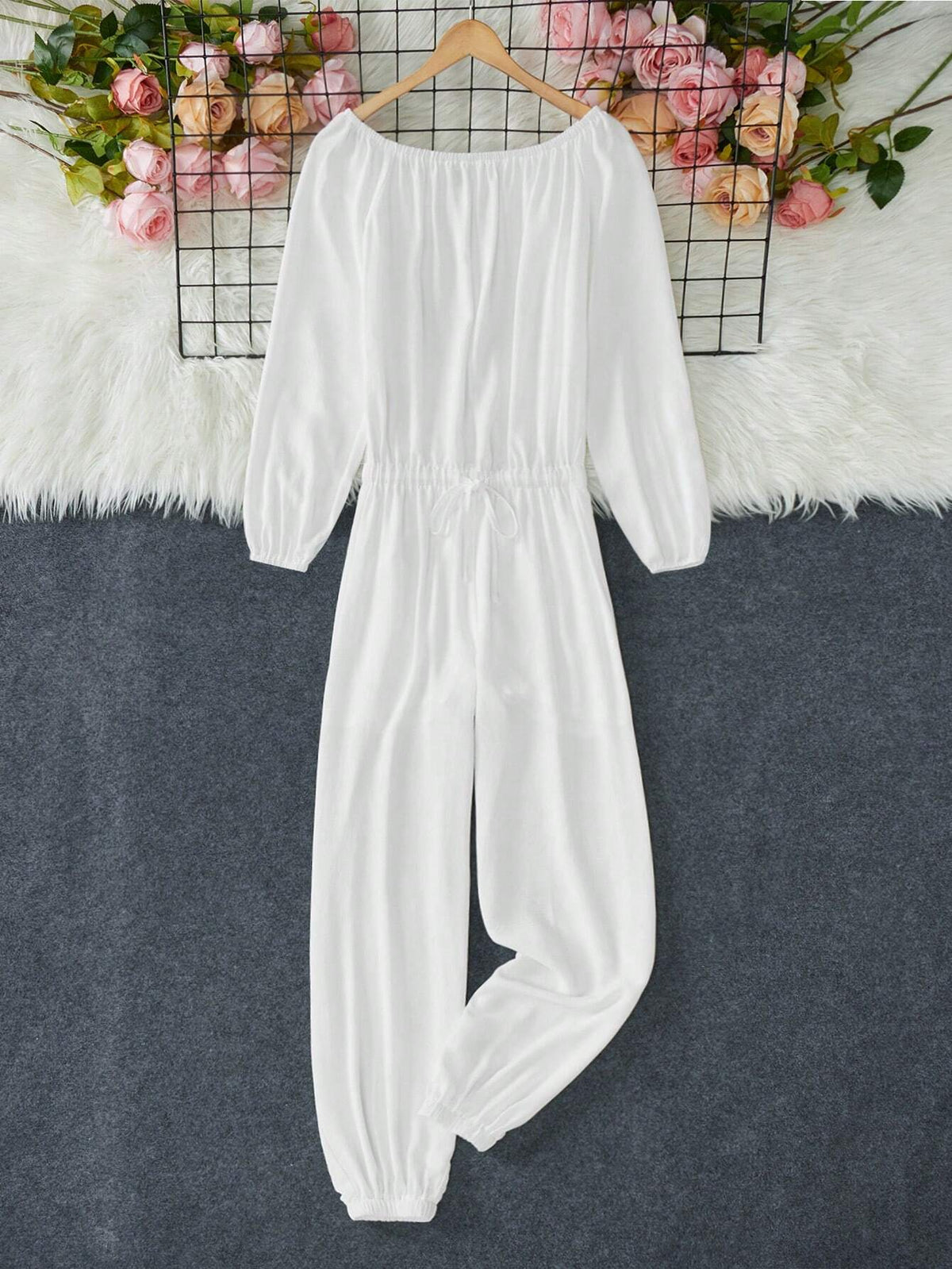 Open Shoulder Tie-Waist Casual Loose Long Jumpsuit