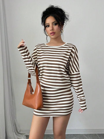 Oversized Bat Sleeve Fleece-Lined Round Neck Casual Dress
