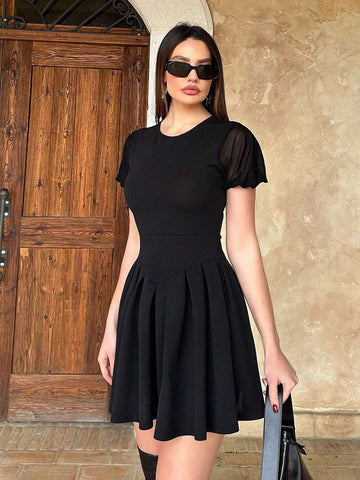 Patchwork Perspective Mesh Puff Short Sleeve Pleated Dress