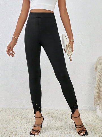Essnce Pearls Beaded Lace Hem Leggings