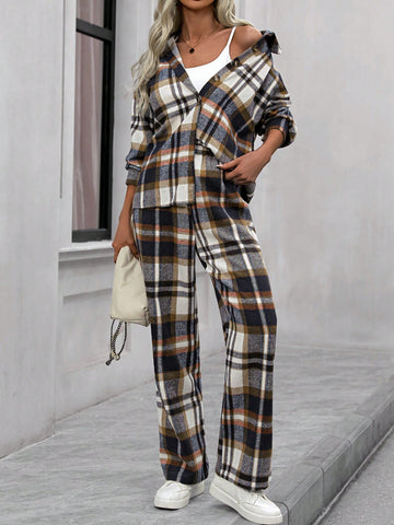 Plaid Button-up Shirt And Straight-leg Pants Two-piece Set