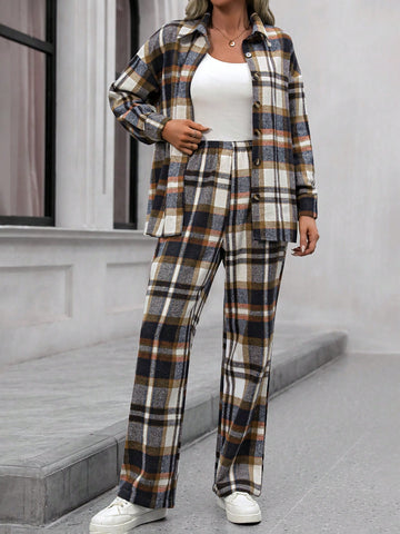 Plaid Button-up Shirt And Straight-leg Pants Two-piece Set