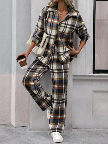 Plaid Button-up Shirt And Straight-leg Pants Two-piece Set