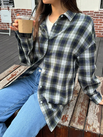 Essnce Plaid Casual Button-Up Shirt With Drop Shoulders For Women, Long Sleeve, Autumn